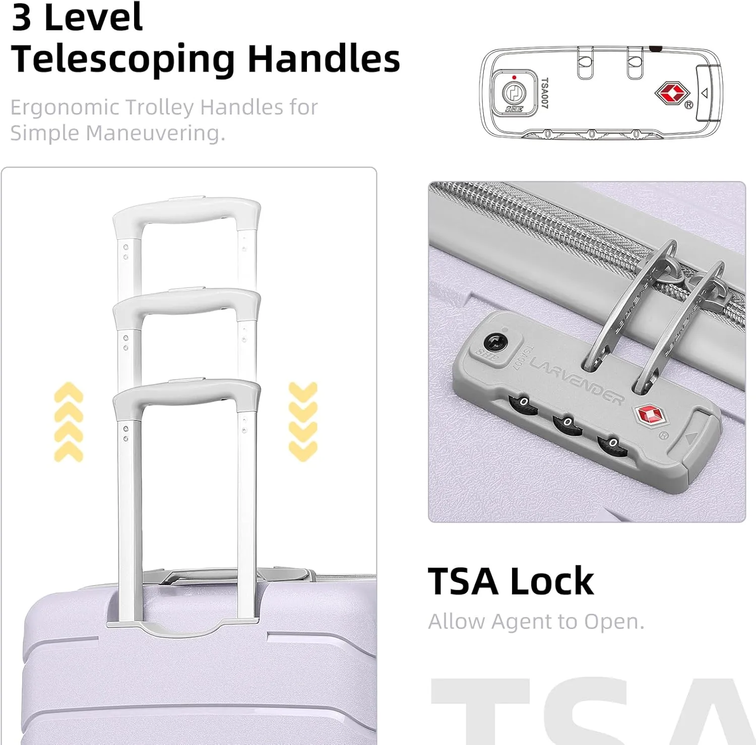 LARVENDER 3-Piece Carry On Luggage for Women,Hard Shell Suitcase 20Inch Carry On Luggage 22x14x9 Airline Approved, Spinner Wheel and TSA LockLavender 20Inch/DB/TB