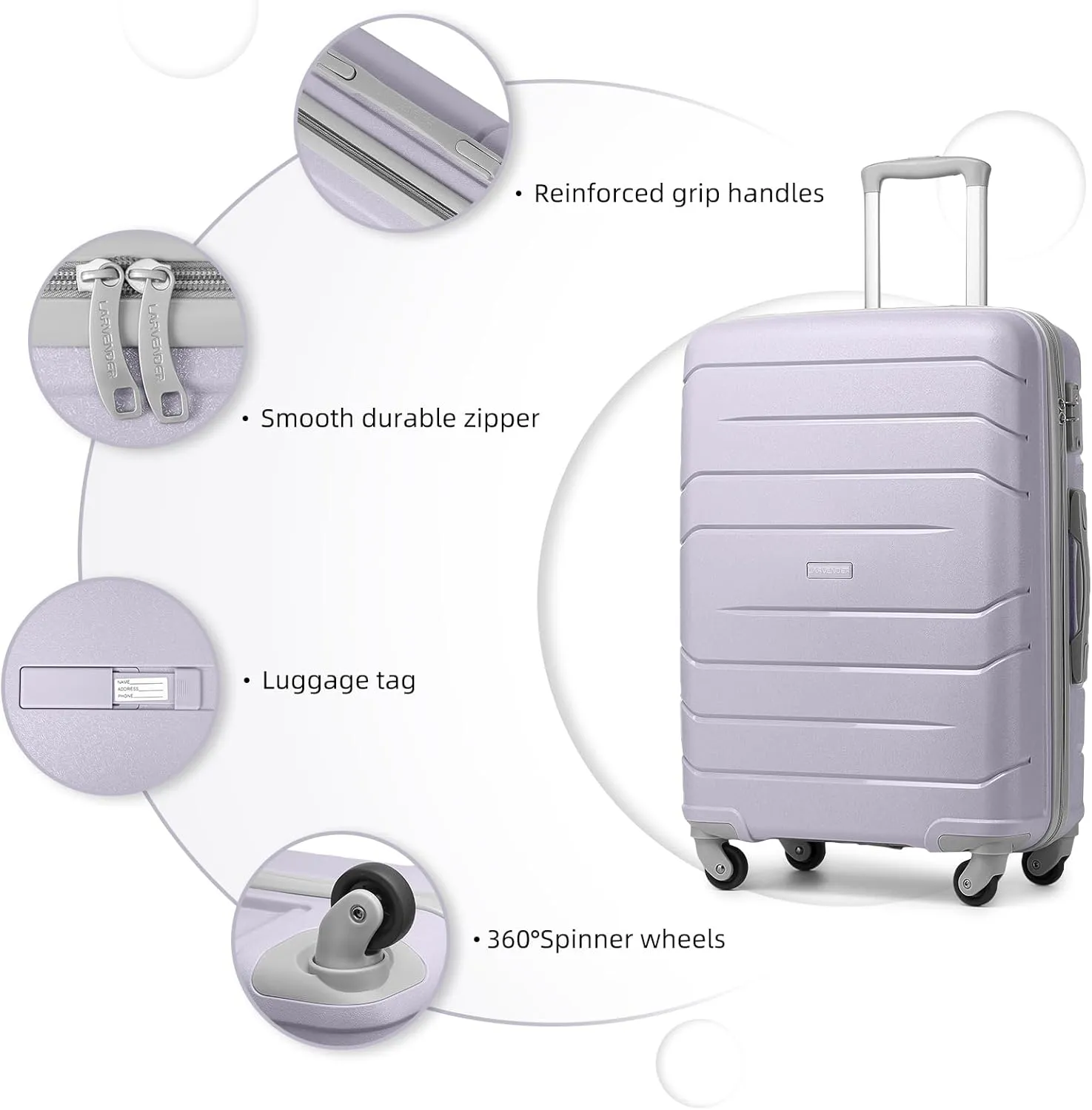 LARVENDER 3-Piece Carry On Luggage for Women,Hard Shell Suitcase 20Inch Carry On Luggage 22x14x9 Airline Approved, Spinner Wheel and TSA LockLavender 20Inch/DB/TB