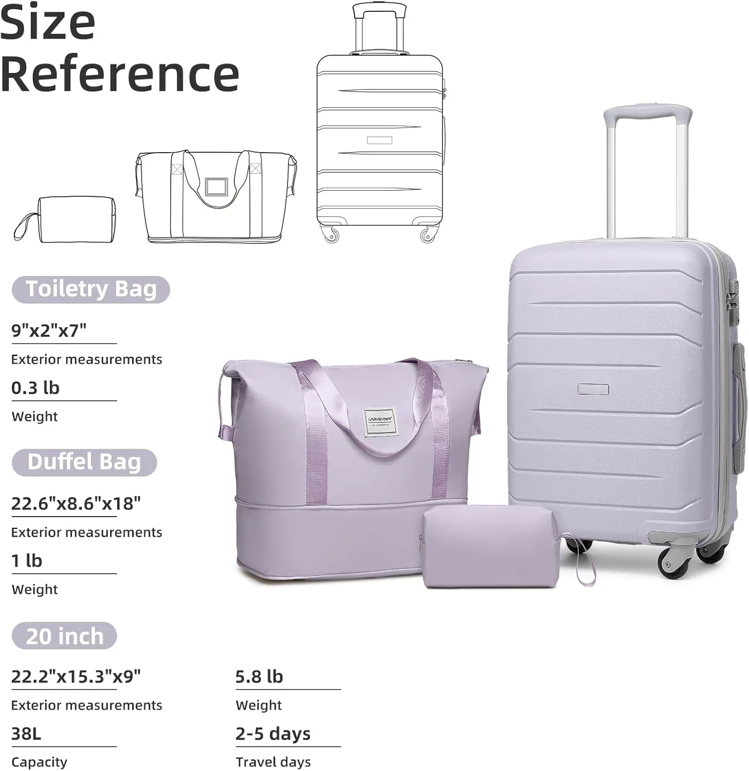 LARVENDER 3-Piece Carry On Luggage for Women,Hard Shell Suitcase 20Inch Carry On Luggage 22x14x9 Airline Approved, Spinner Wheel and TSA LockLavender 20Inch/DB/TB