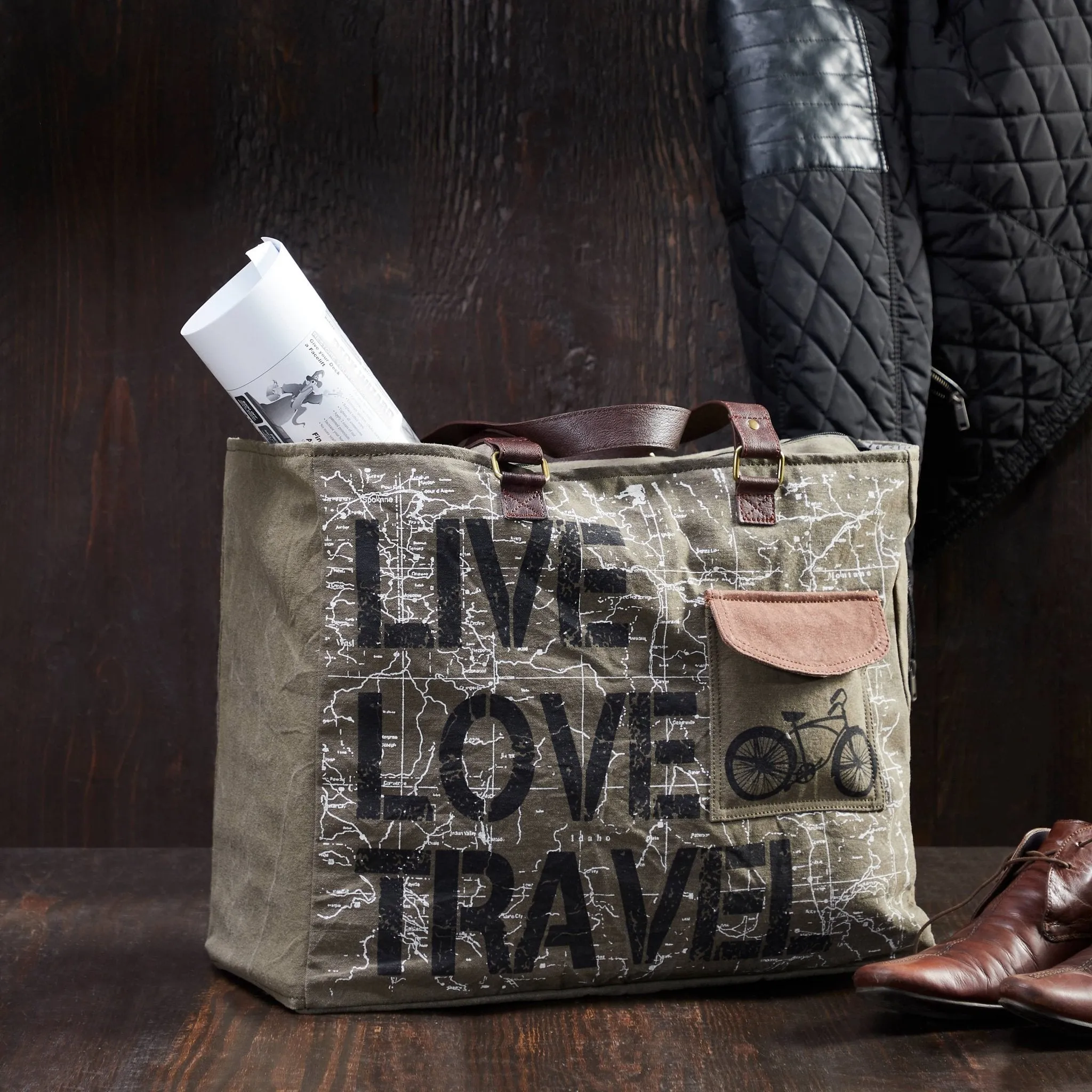 Live Love Travel Weekender Bag - Up-Cycled Canvas Duffel with Storage Pockets