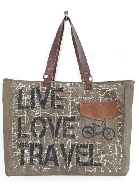 Live Love Travel Weekender Bag - Up-Cycled Canvas Duffel with Storage Pockets