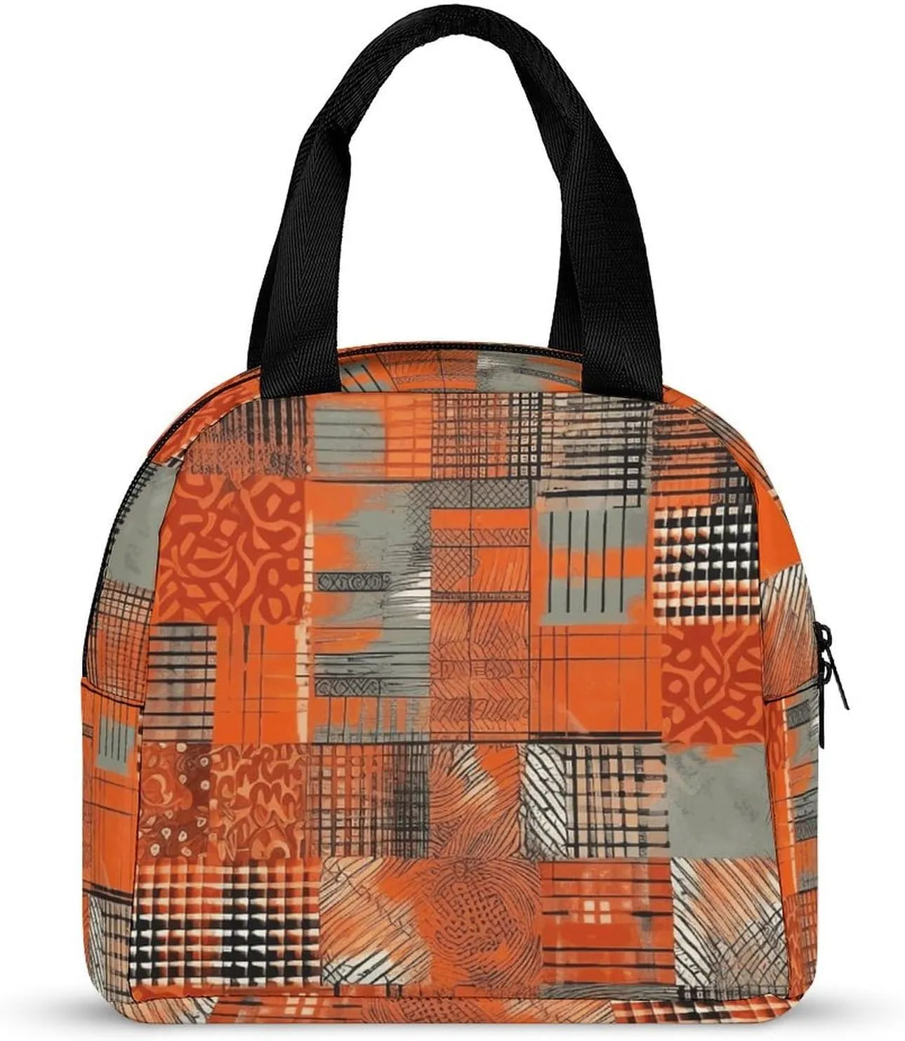 Lunch Bag for Women Men Lunch Box Reusable Orange Grid Lines Lunch Tote Bag Leakproof Lunch Cooler Bag for Work