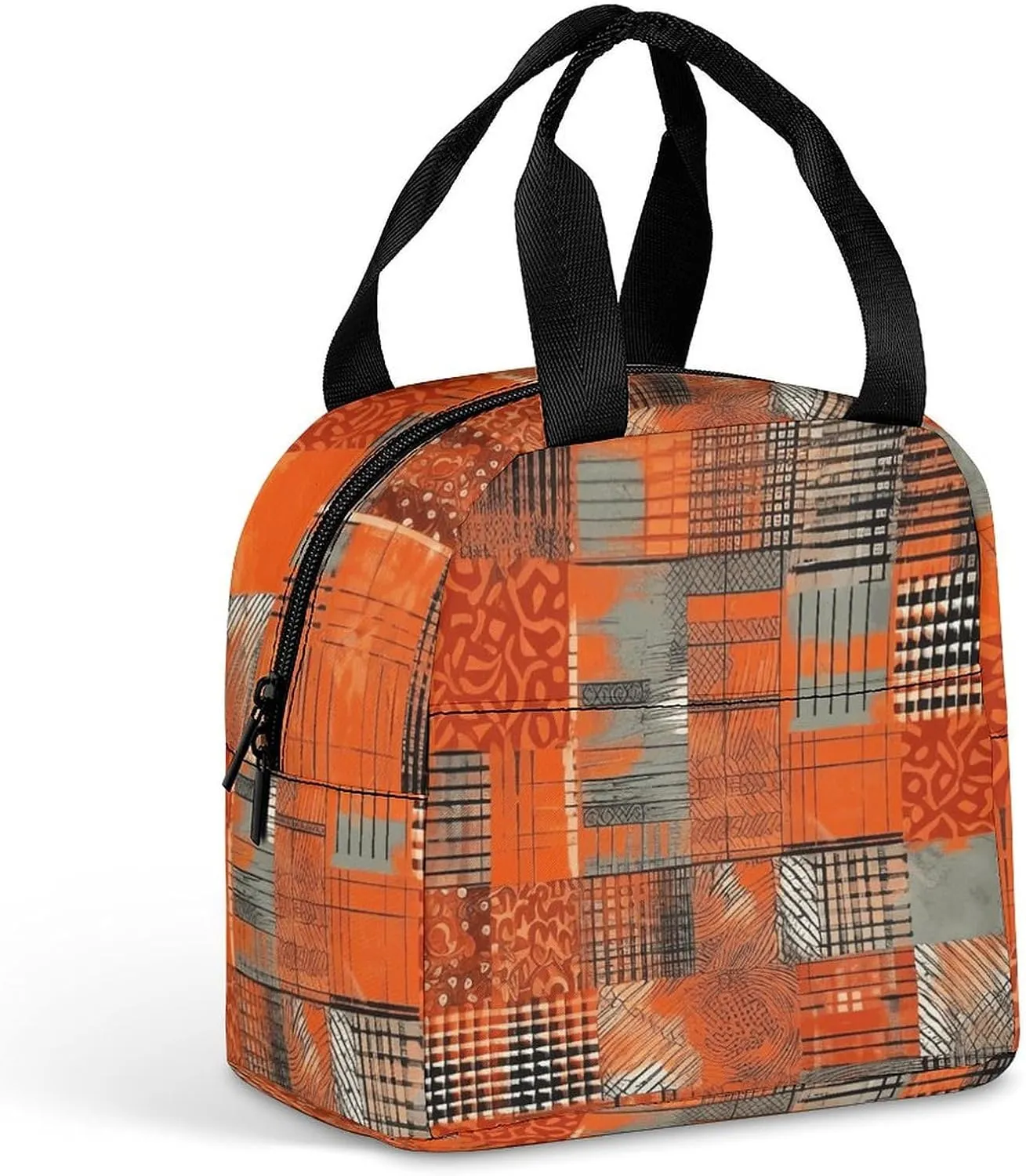 Lunch Bag for Women Men Lunch Box Reusable Orange Grid Lines Lunch Tote Bag Leakproof Lunch Cooler Bag for Work