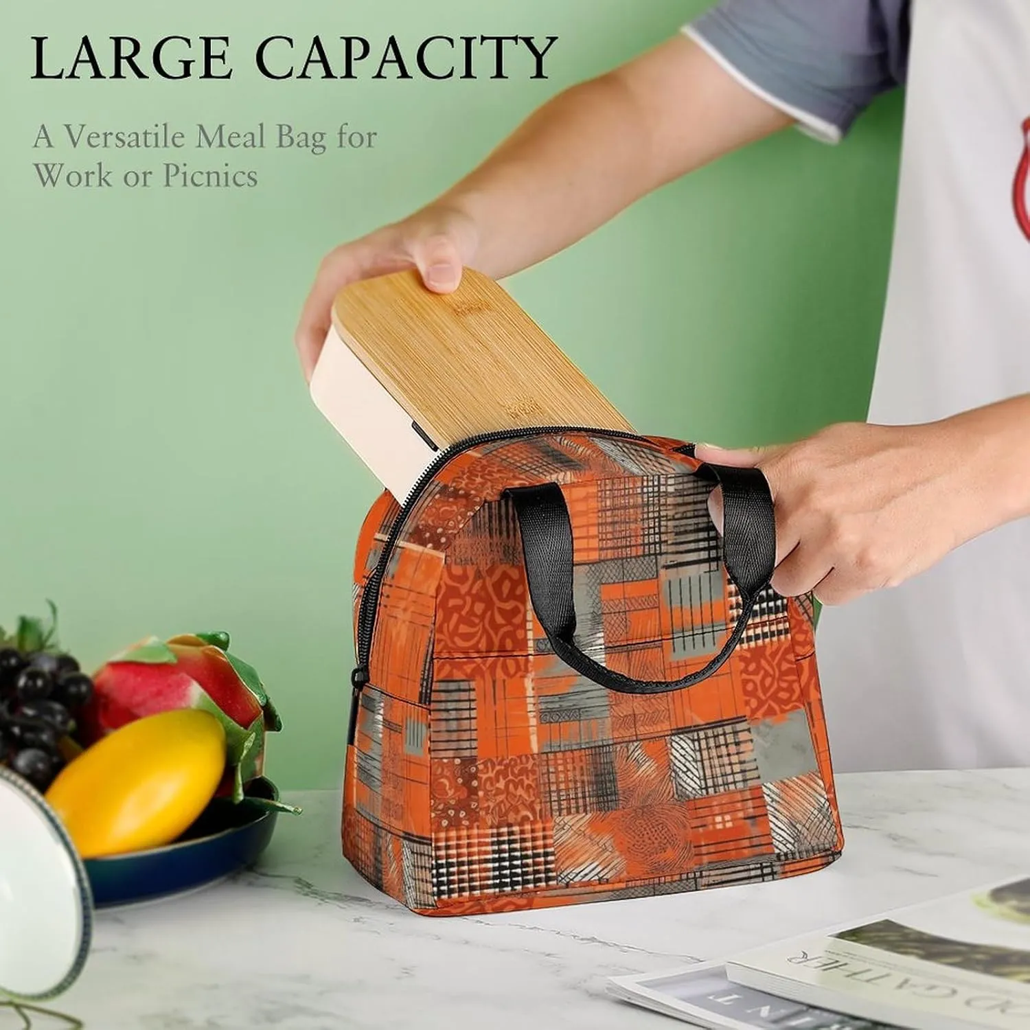 Lunch Bag for Women Men Lunch Box Reusable Orange Grid Lines Lunch Tote Bag Leakproof Lunch Cooler Bag for Work
