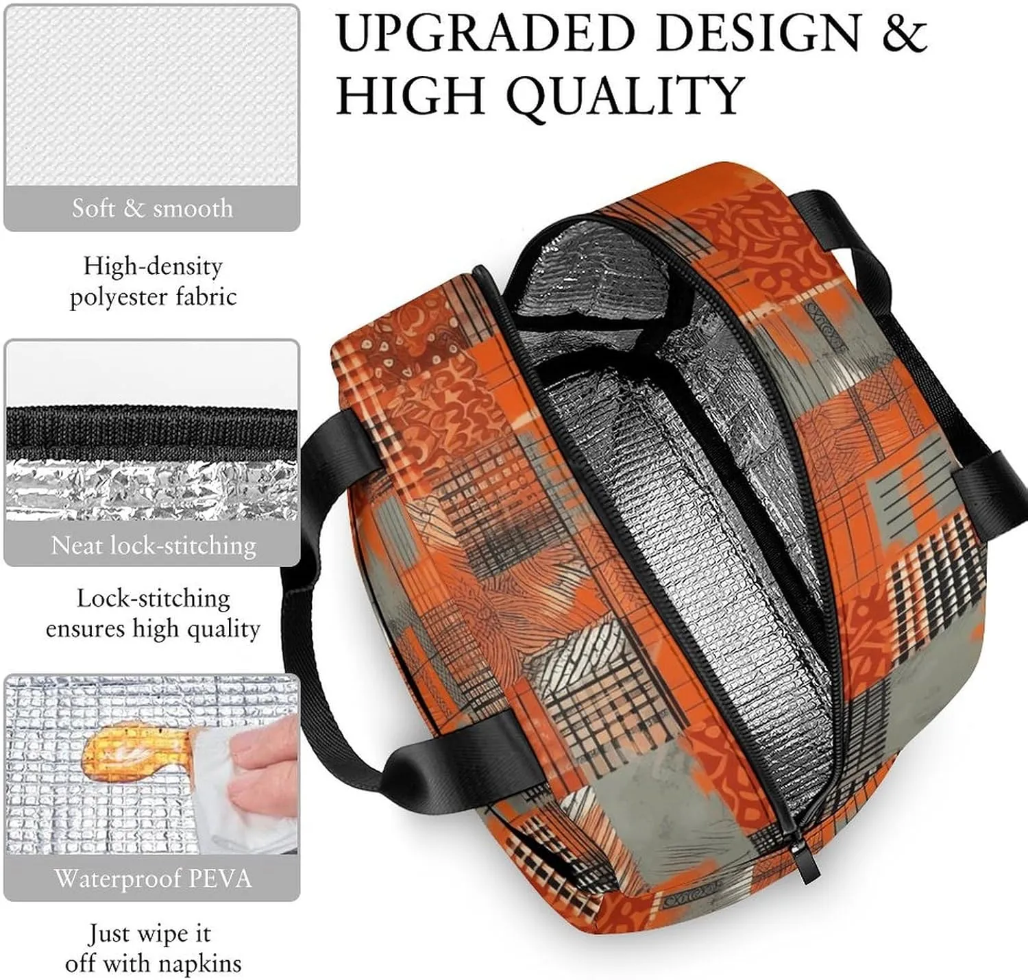 Lunch Bag for Women Men Lunch Box Reusable Orange Grid Lines Lunch Tote Bag Leakproof Lunch Cooler Bag for Work
