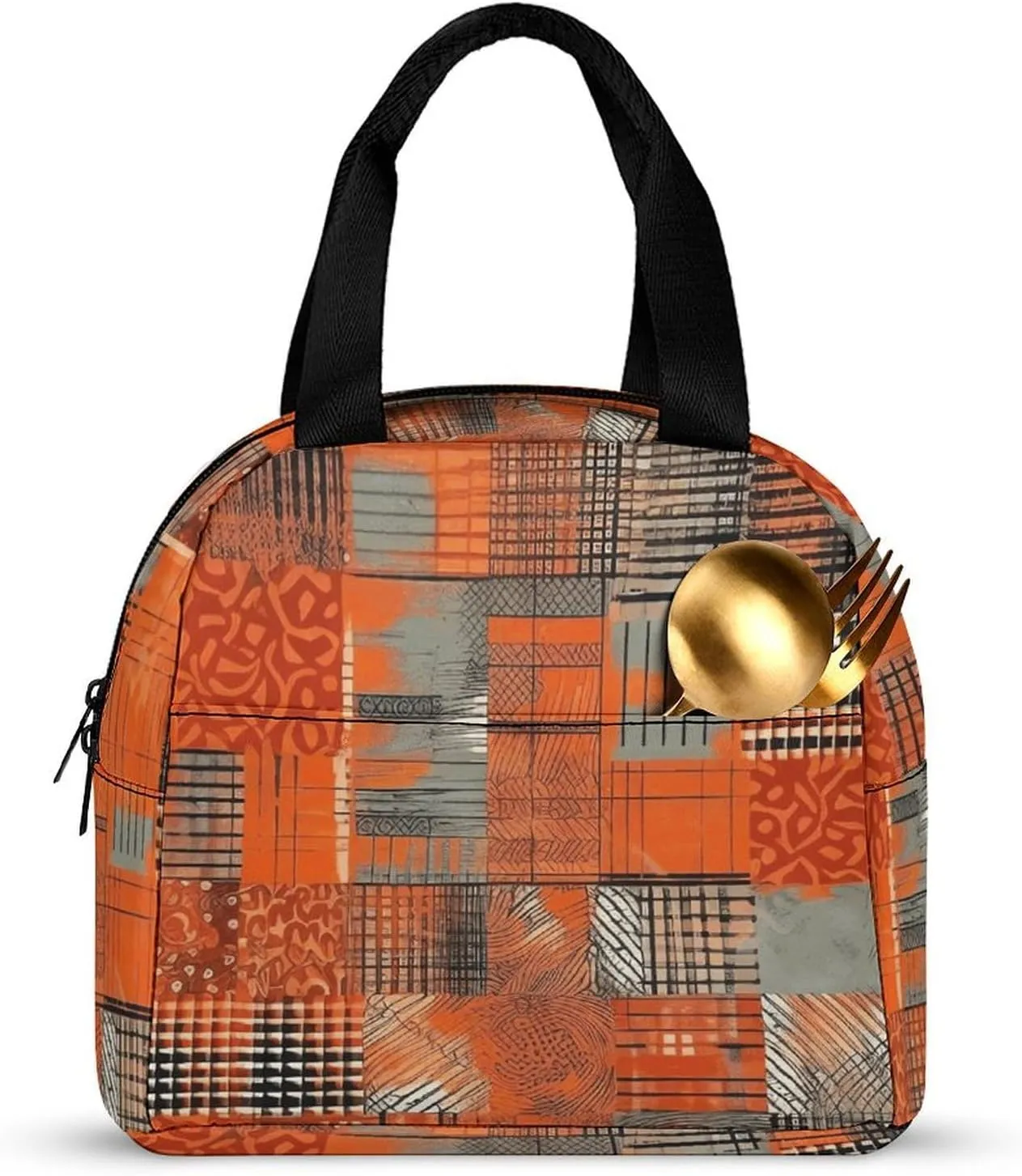 Lunch Bag for Women Men Lunch Box Reusable Orange Grid Lines Lunch Tote Bag Leakproof Lunch Cooler Bag for Work