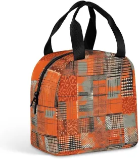 Lunch Bag for Women Men Lunch Box Reusable Orange Grid Lines Lunch Tote Bag Leakproof Lunch Cooler Bag for Work