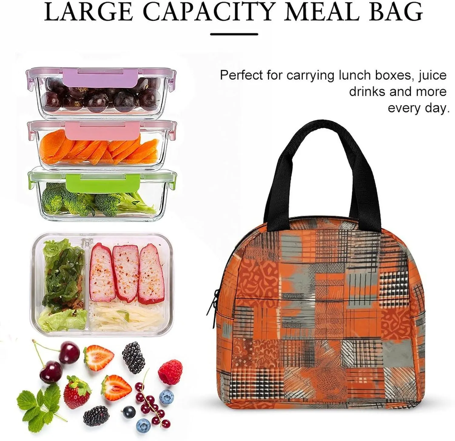 Lunch Bag for Women Men Lunch Box Reusable Orange Grid Lines Lunch Tote Bag Leakproof Lunch Cooler Bag for Work