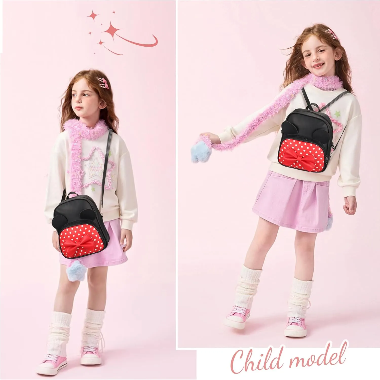 Mini Backpack for Girls Women Cute Bowknot Polka Dot Small Mouse Backpack Purse Shoulder Bag Casual Travel Daypacks (Red Black)