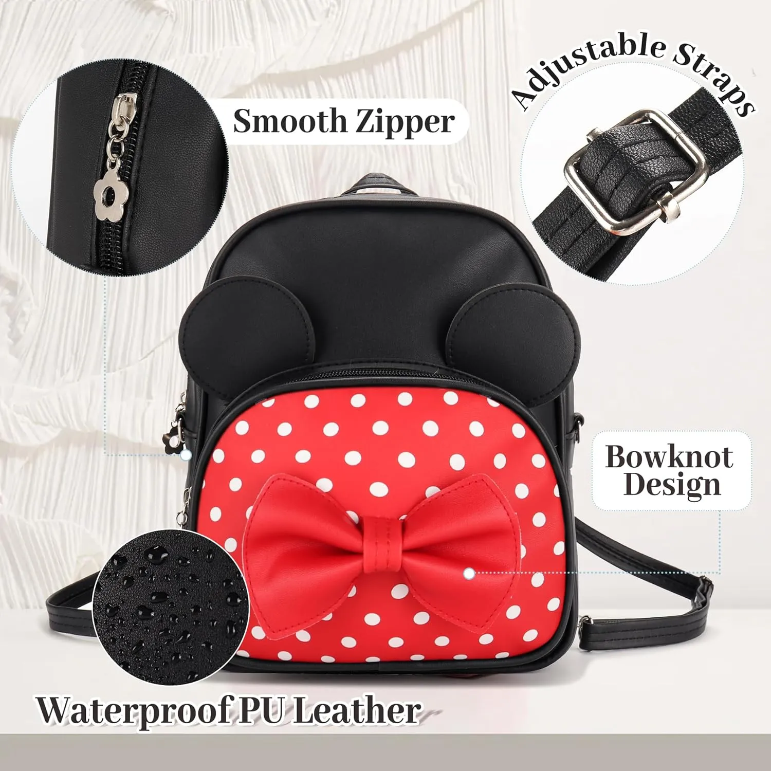 Mini Backpack for Girls Women Cute Bowknot Polka Dot Small Mouse Backpack Purse Shoulder Bag Casual Travel Daypacks (Red Black)