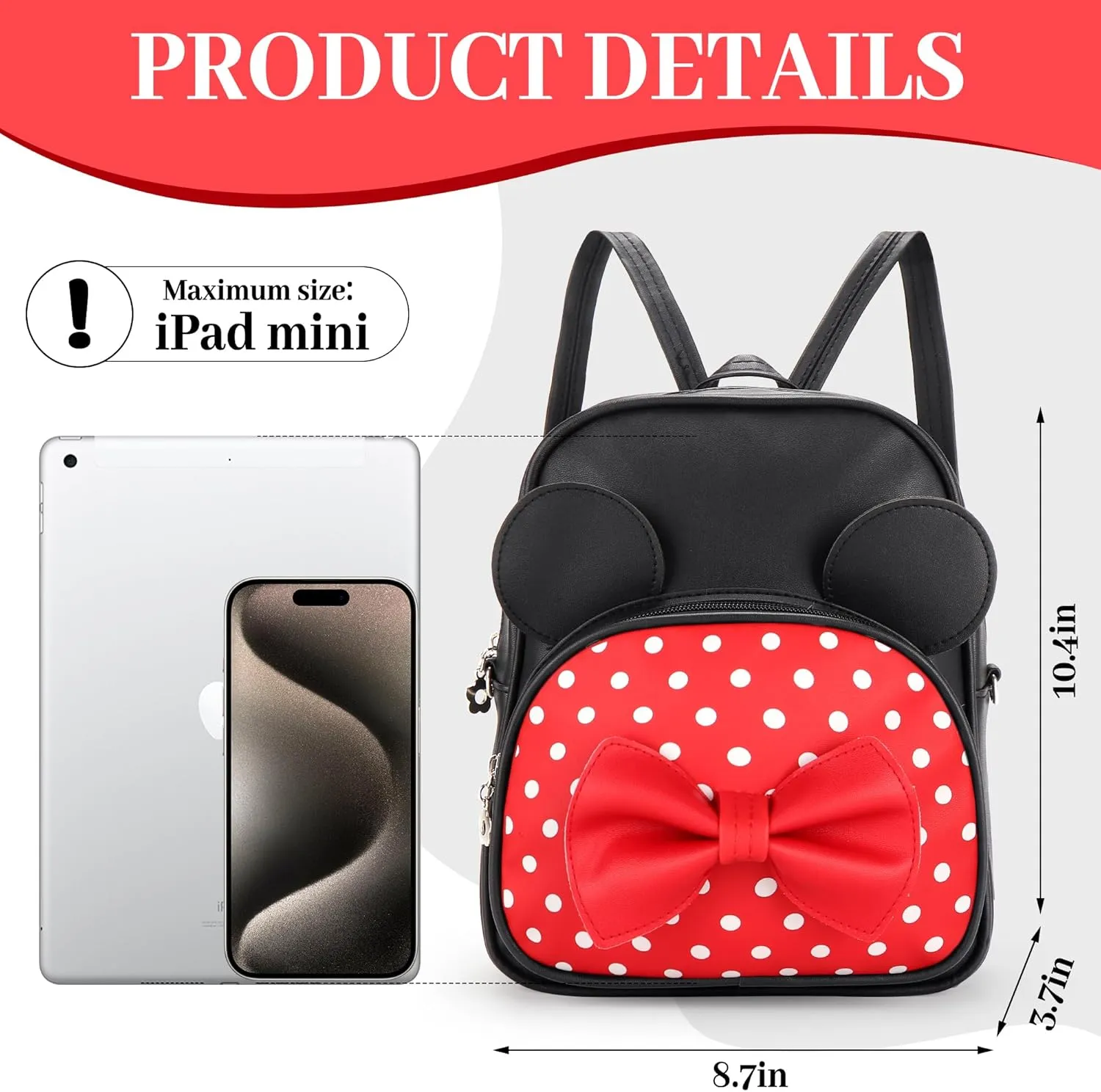 Mini Backpack for Girls Women Cute Bowknot Polka Dot Small Mouse Backpack Purse Shoulder Bag Casual Travel Daypacks (Red Black)