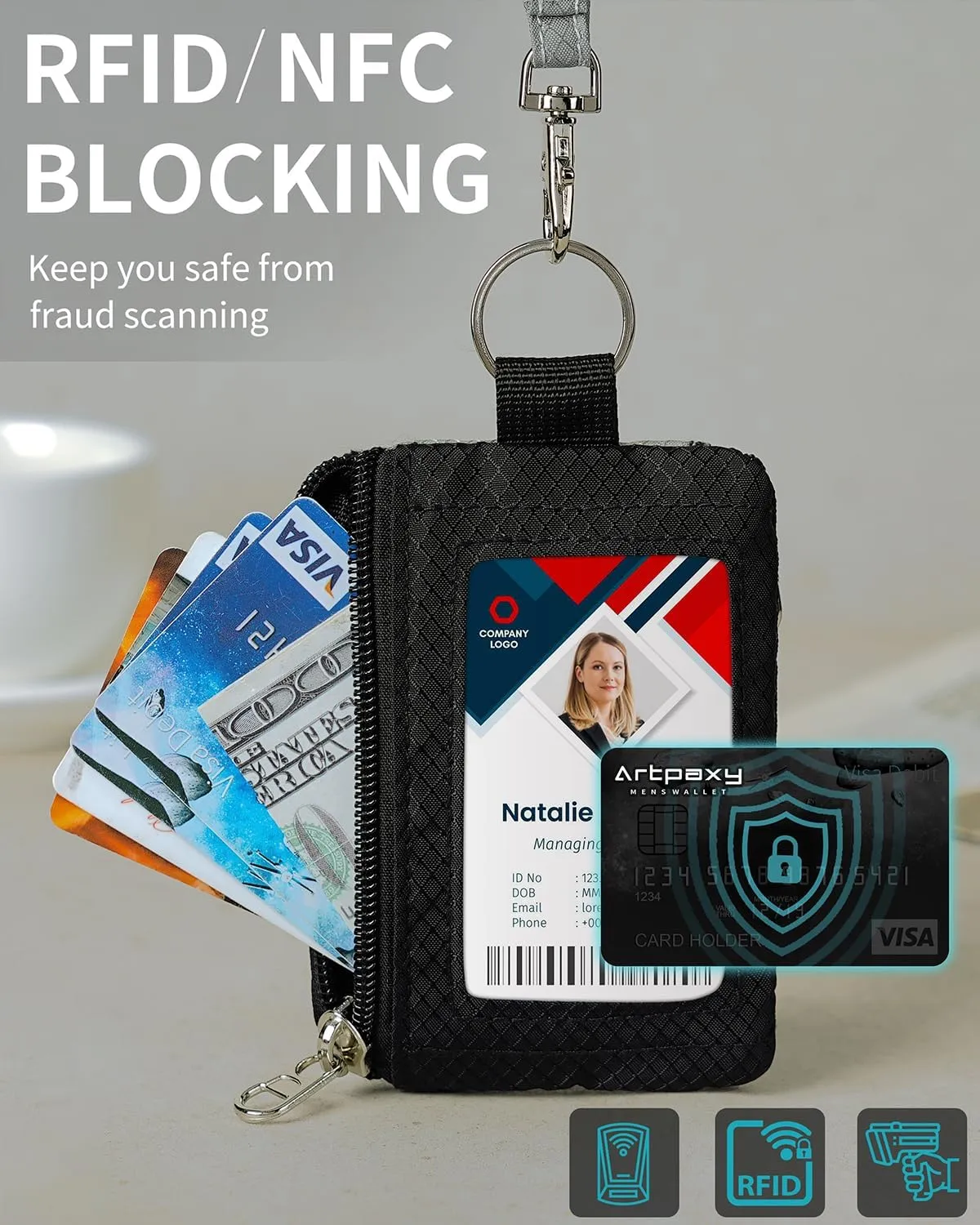 Minimalist Wallet For Mens Womens, Keychain RFID Blocking Zipper Small Wallet with ID Window 2 Lanyards,Water Resistant Travel Cash Card Coin Case Boys Girls