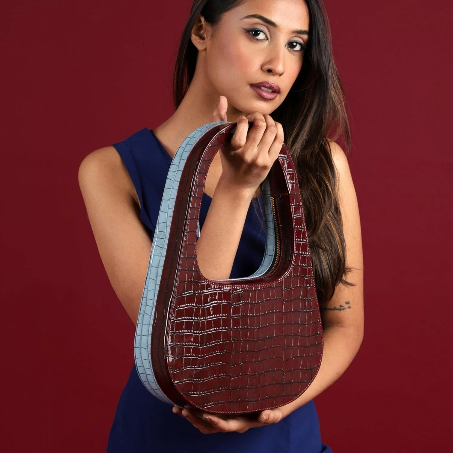 Modern Myth BELL Two Color Croco Finish Structured Handbag for Girls & Women