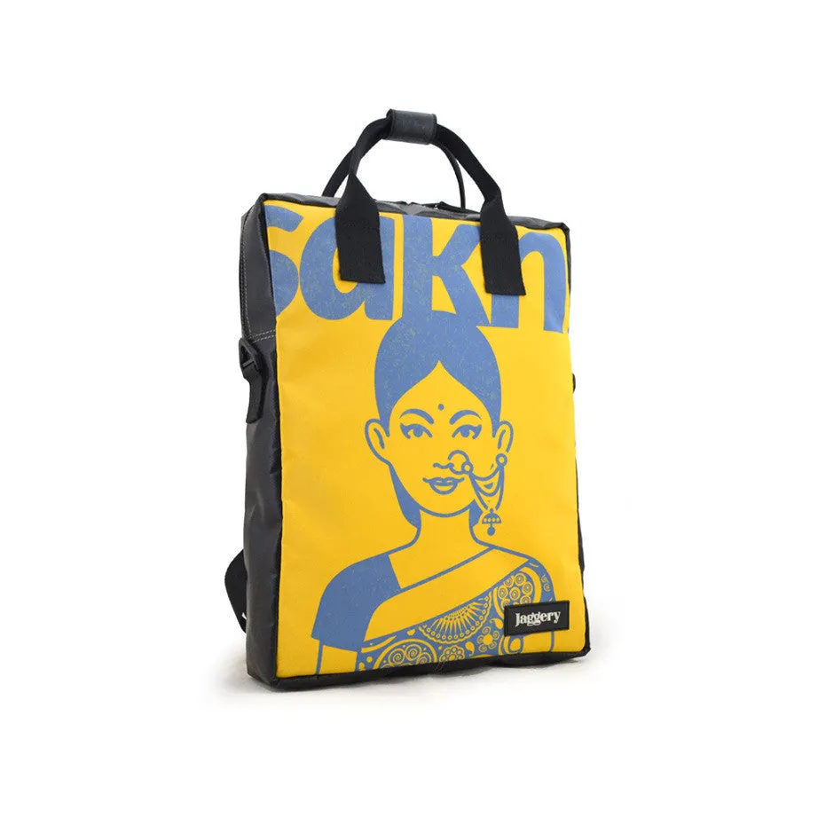 Mote One Backpack Lady in Saree in Blue on Yellow and Black [15"laptop bag]