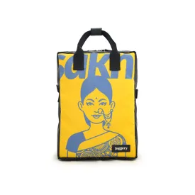Mote One Backpack Lady in Saree in Blue on Yellow and Black [15"laptop bag]