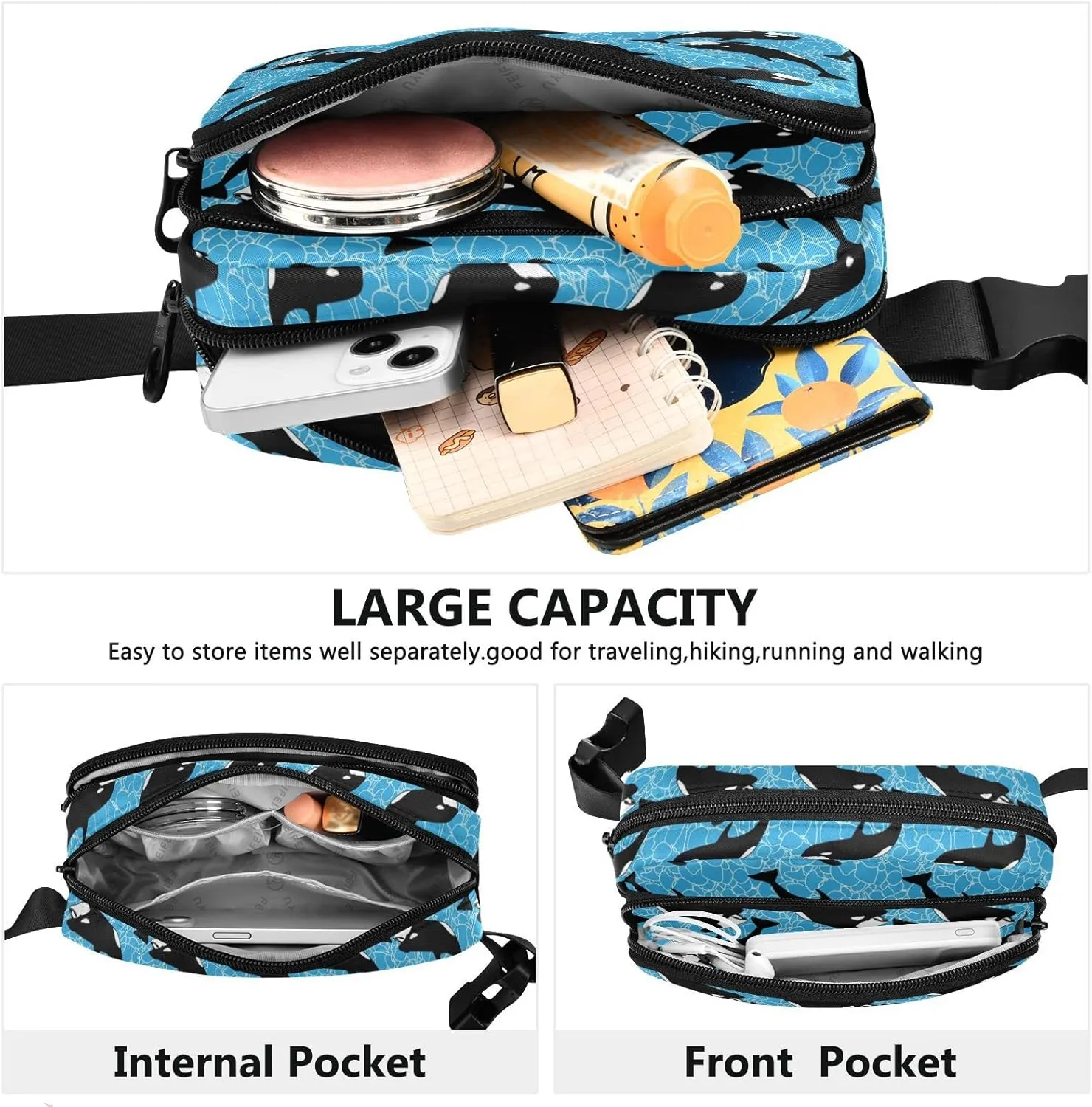 Orca Killer Whale Fanny Pack for Men Women,Crossbody Waist Bag Pack with Adjustable Strap Mini Belt Bag for Running Cycling