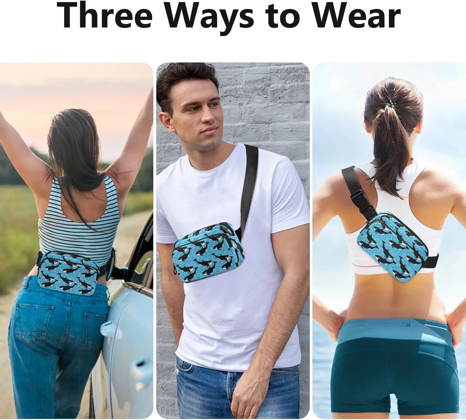Orca Killer Whale Fanny Pack for Men Women,Crossbody Waist Bag Pack with Adjustable Strap Mini Belt Bag for Running Cycling