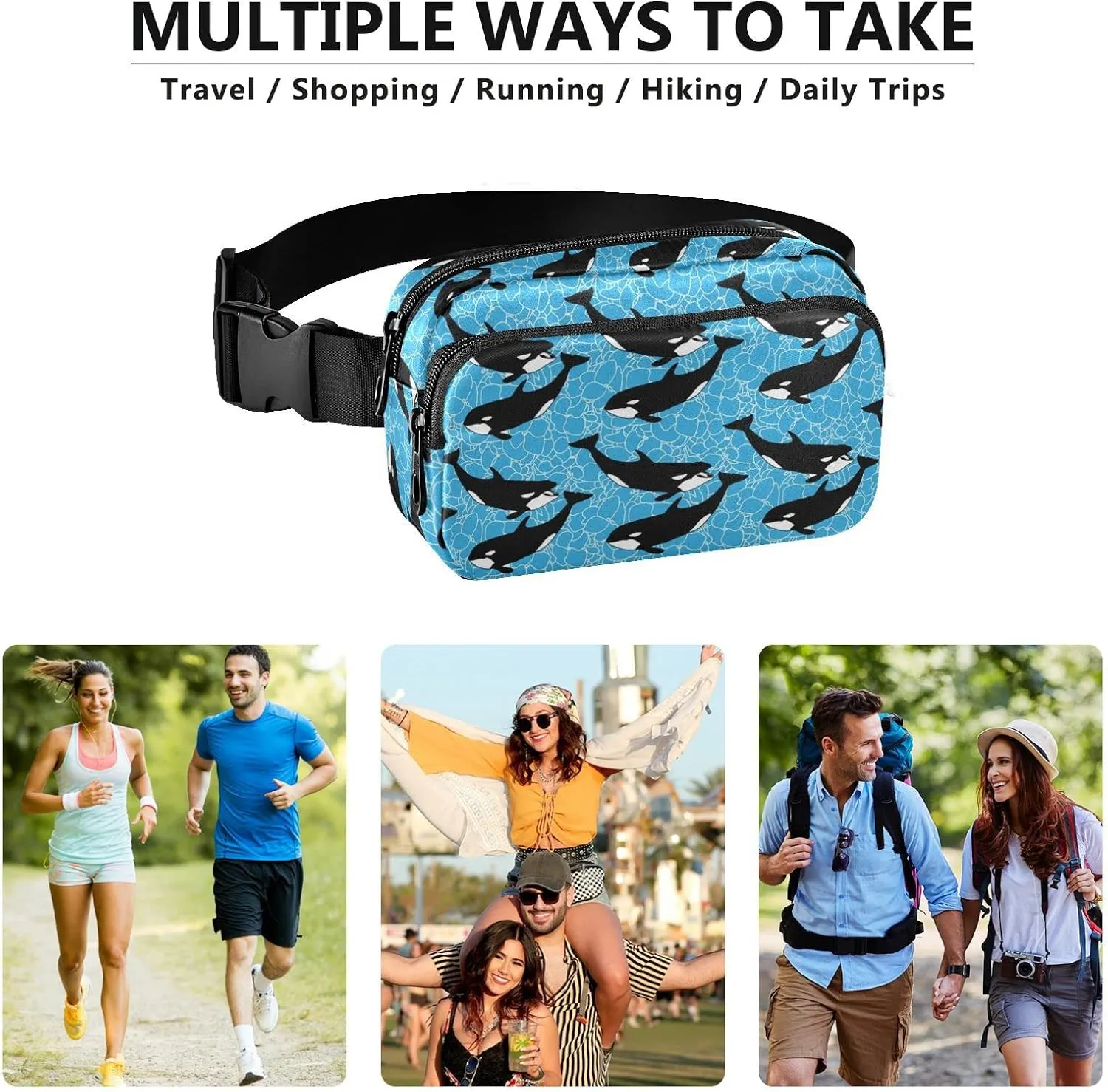 Orca Killer Whale Fanny Pack for Men Women,Crossbody Waist Bag Pack with Adjustable Strap Mini Belt Bag for Running Cycling