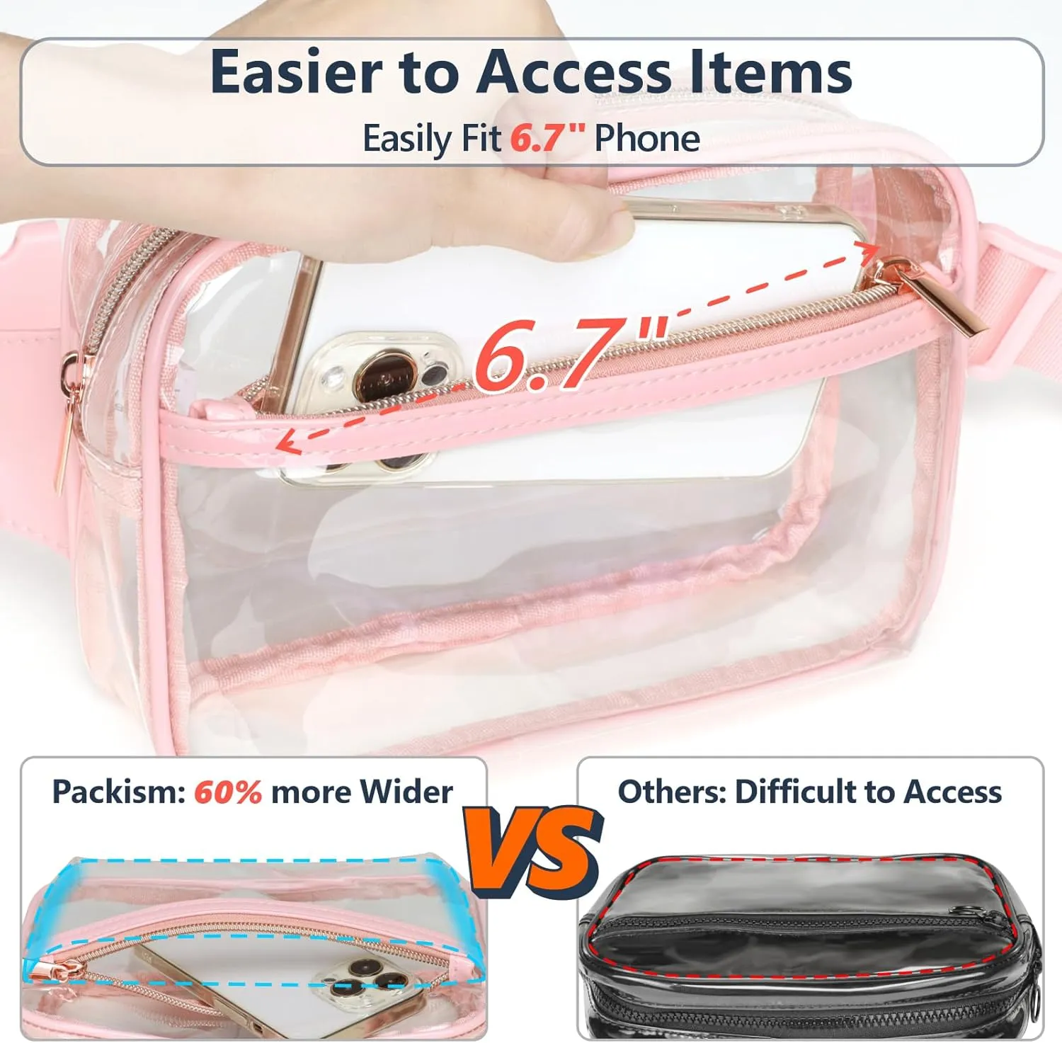 Packism Clear Fanny Pack Stadium Approved - Clear Belt Bag for Women Men Plus Size Transparent Waist Bag with Adjustable Strap for Concerts, Sporting Events - Pink