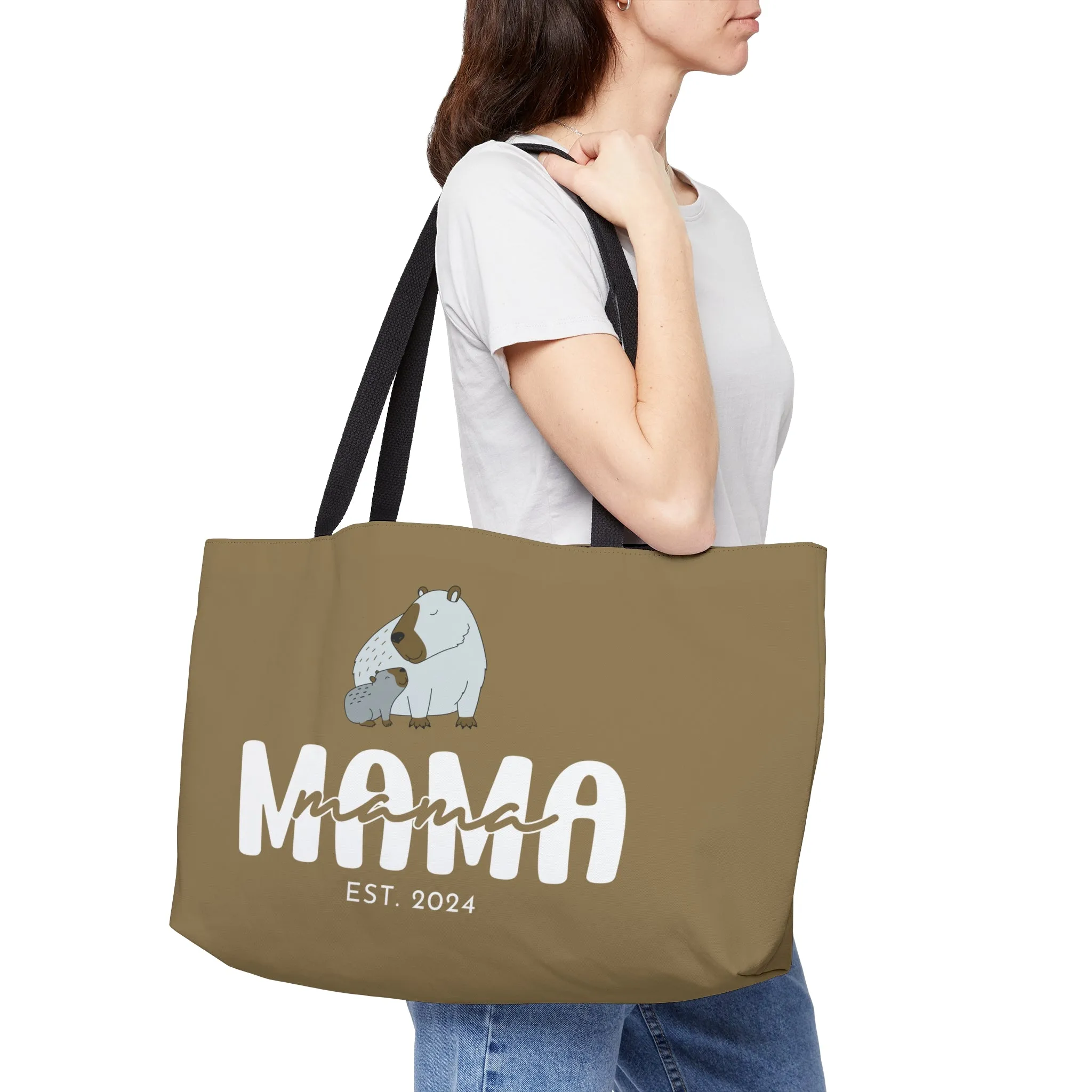 Personalized Mama Capybara Weekender Tote Khaki, Gift For Mom