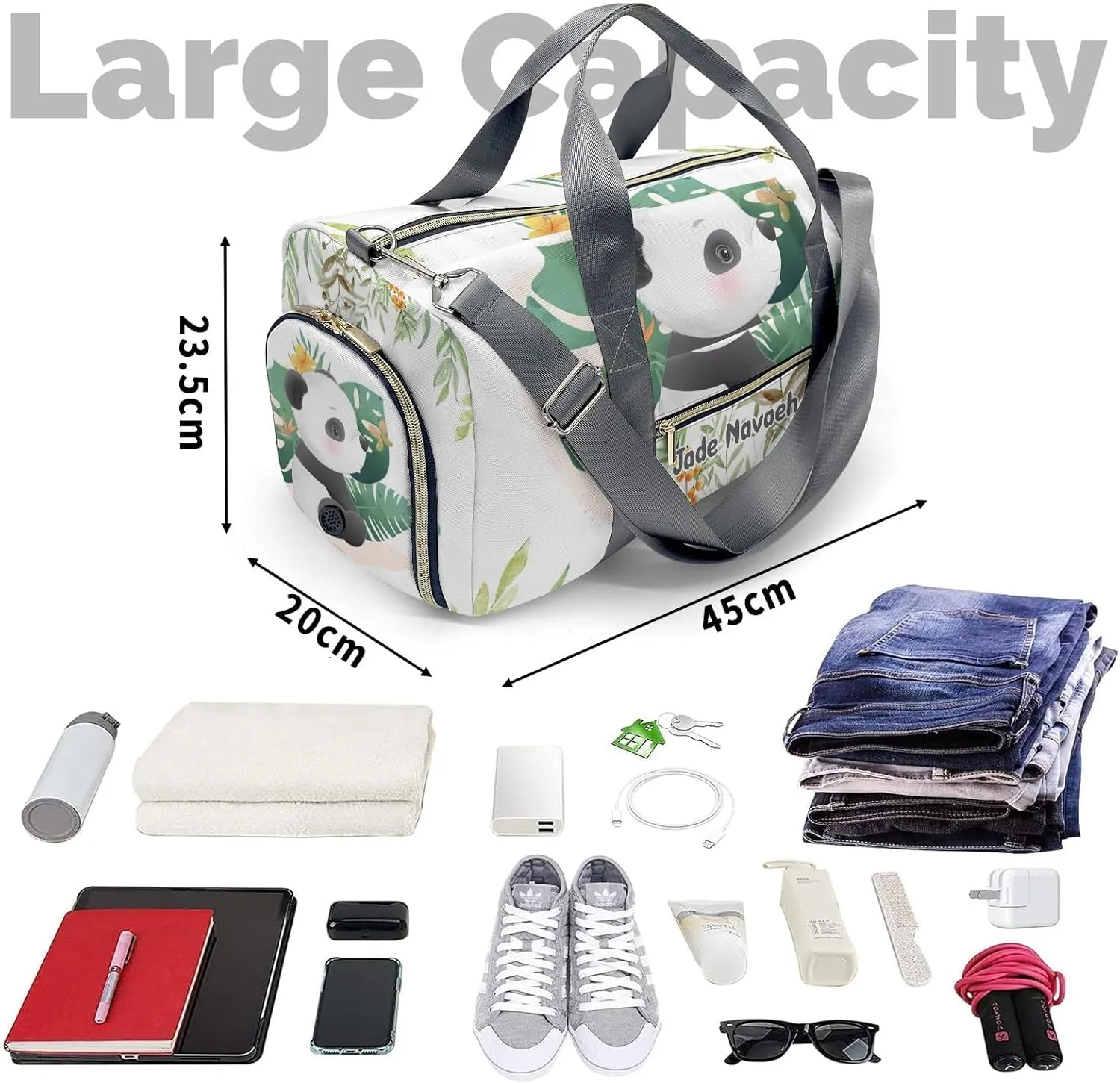 Personalized Woodland Leaves Cute Panda Customized Multi-functional Handbag Travel Bag, Unisex Portable Duffel Bag