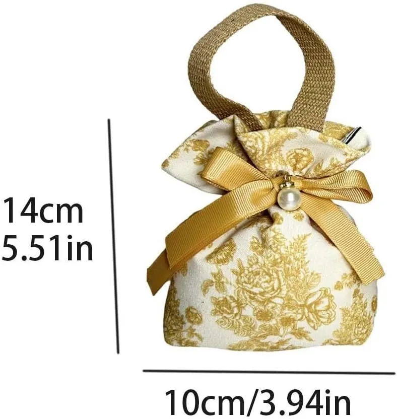 Portable Canvas Festive Floral Drawstring Sugar Bag, Wedding Candy Bag Jewerly Packing Bag Wedding Handbag(red)