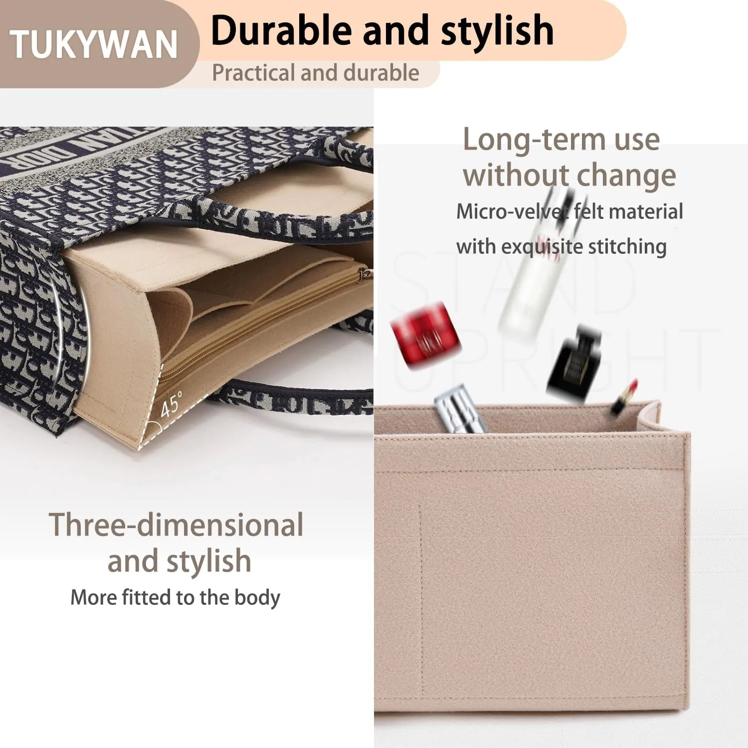 Purse Organizer Insert for Dior Book Tote Bag, Premium Felt Organizer With Multiple Pockets (Beige, S)