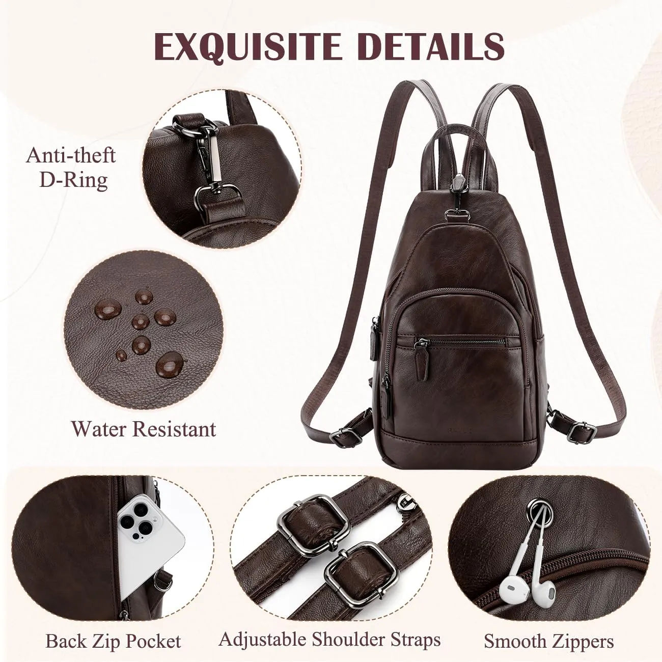 RAVUO Sling Bag for Women, Anti Theft Small Crossbody Backpack Purse Fashion PU Leather Ladies Convertible Daypack