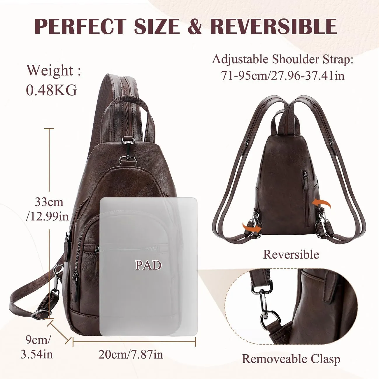 RAVUO Sling Bag for Women, Anti Theft Small Crossbody Backpack Purse Fashion PU Leather Ladies Convertible Daypack