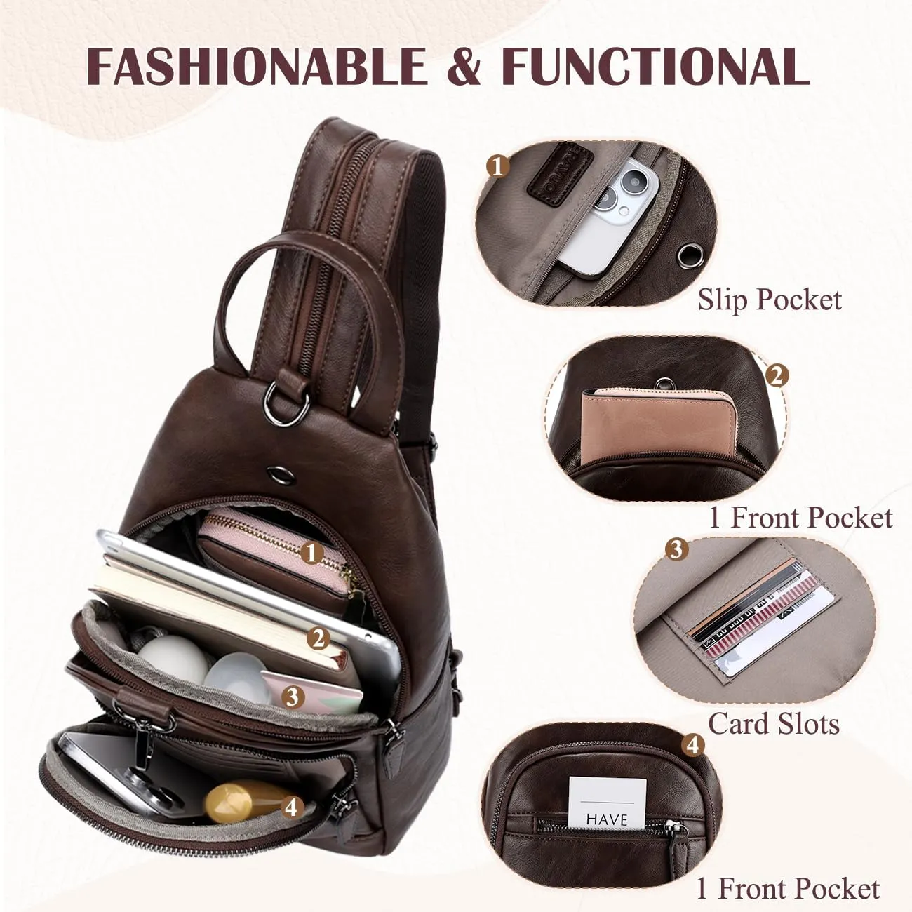 RAVUO Sling Bag for Women, Anti Theft Small Crossbody Backpack Purse Fashion PU Leather Ladies Convertible Daypack