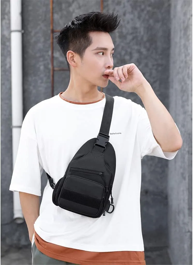 RTGGSEL Men's Camouflage Tactical Sling Shoulder Bags Travel Military MOLLE EDC Crossbody Chest Bag with USB Charging Port (Black)