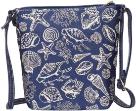 Signare Tapestry Small Crossbody Bag Sling Bag for Women with Navy Blue Sea Shell Design (SLING-SHELL)
