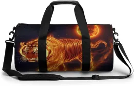 Travel Duffel Bag for Men Women, Foldable Lightweight Gym Yoga Bag with Wet Pocket Wild Angry Animal King Fire Flame Tiger Sport Handbag
