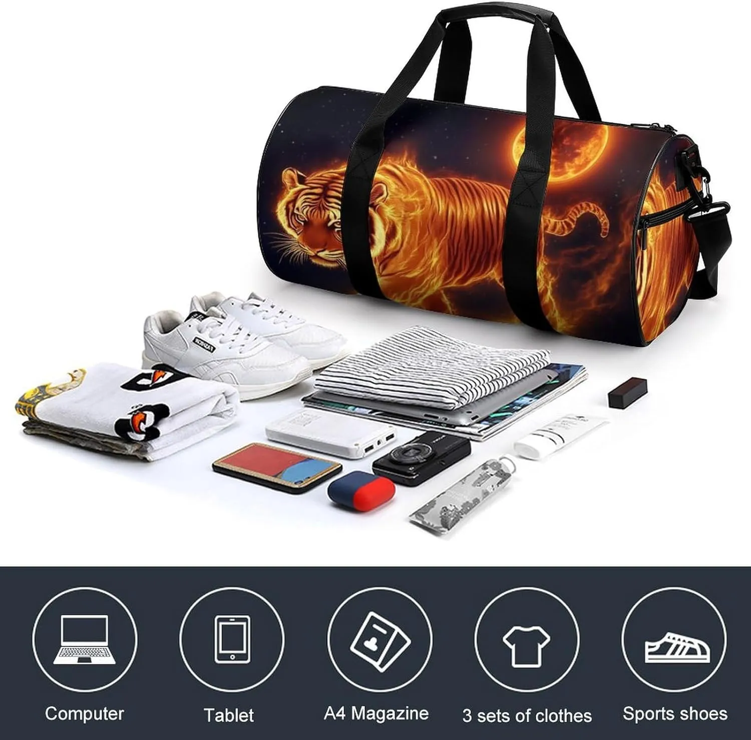 Travel Duffel Bag for Men Women, Foldable Lightweight Gym Yoga Bag with Wet Pocket Wild Angry Animal King Fire Flame Tiger Sport Handbag