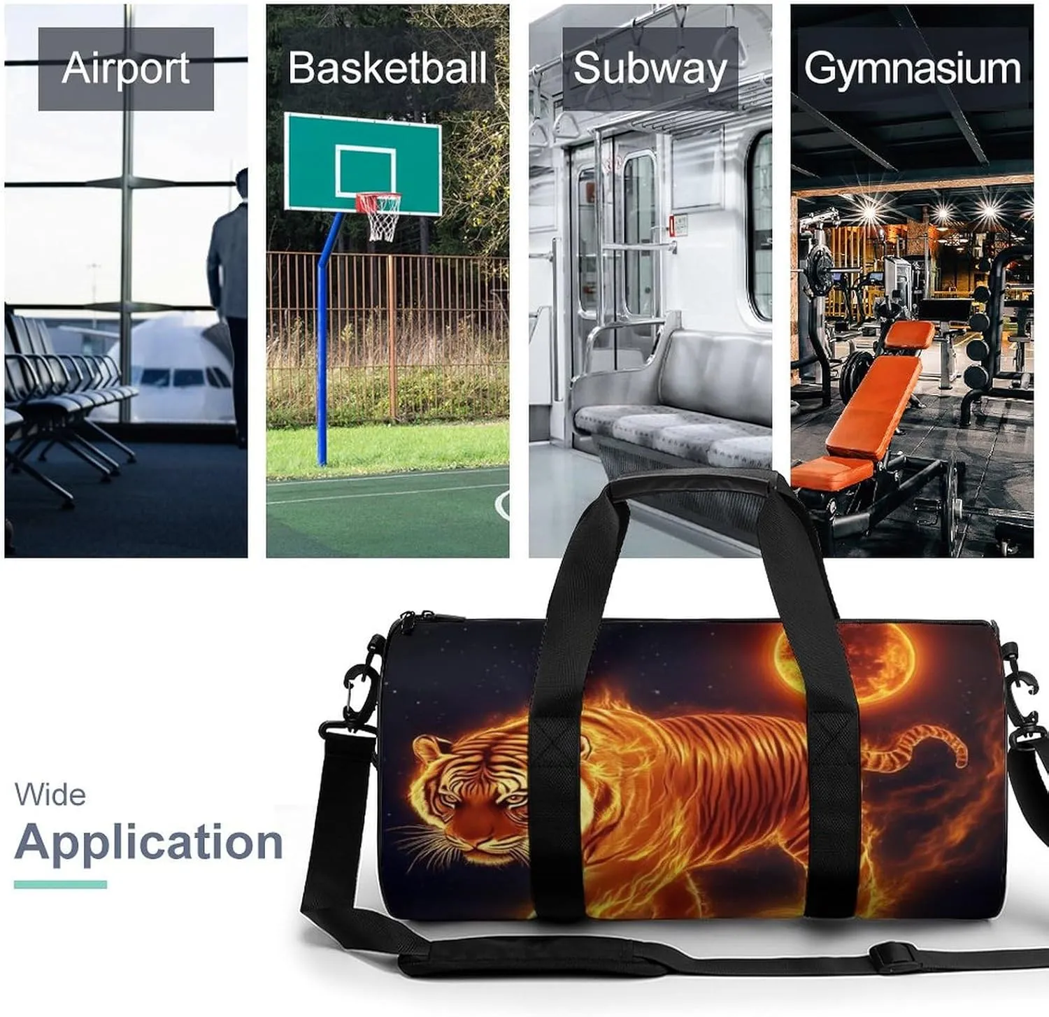 Travel Duffel Bag for Men Women, Foldable Lightweight Gym Yoga Bag with Wet Pocket Wild Angry Animal King Fire Flame Tiger Sport Handbag