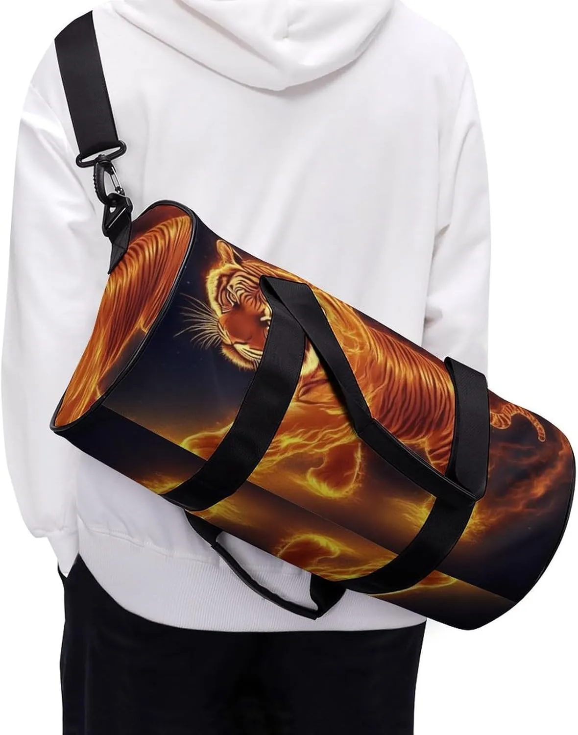 Travel Duffel Bag for Men Women, Foldable Lightweight Gym Yoga Bag with Wet Pocket Wild Angry Animal King Fire Flame Tiger Sport Handbag