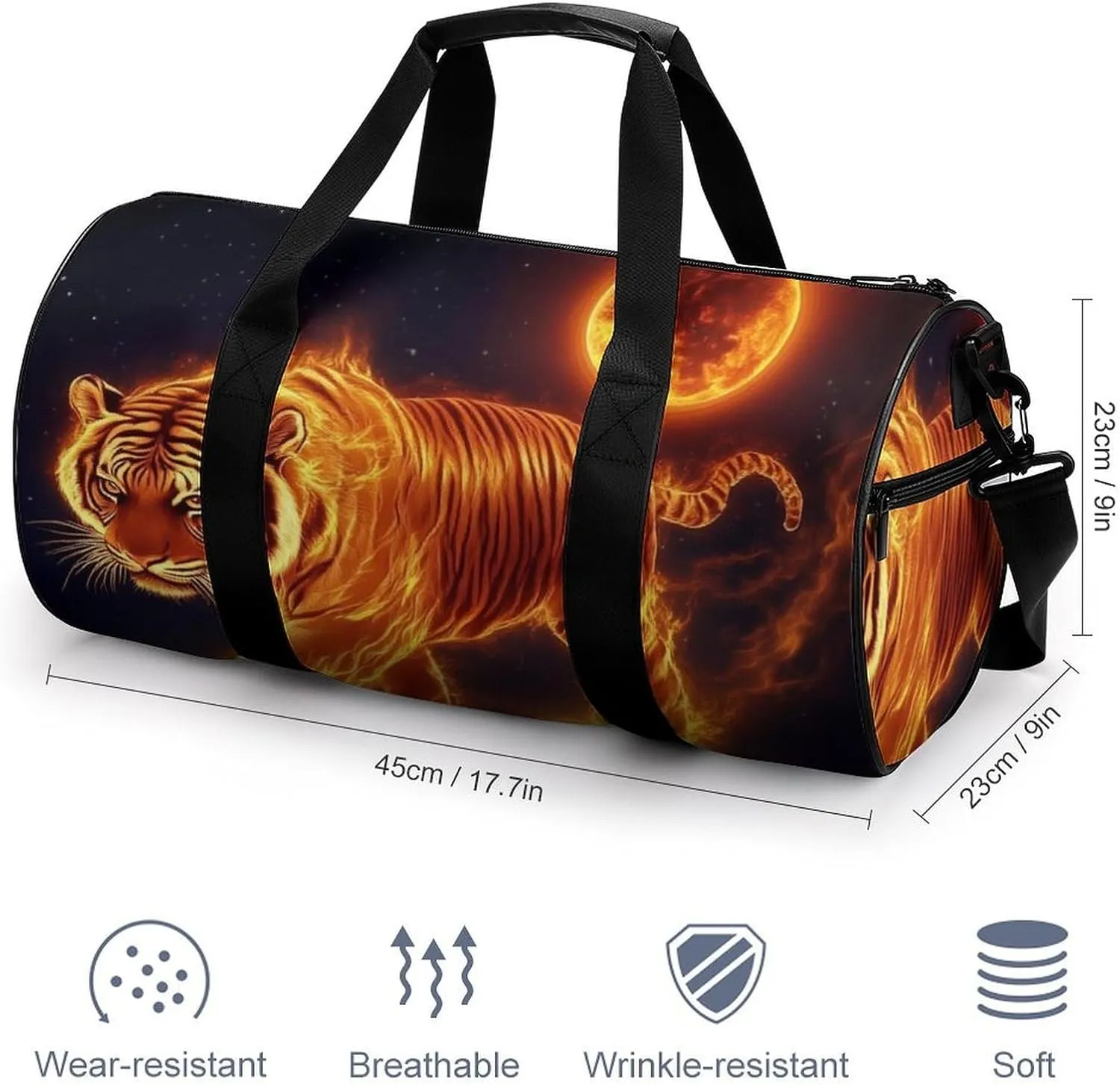 Travel Duffel Bag for Men Women, Foldable Lightweight Gym Yoga Bag with Wet Pocket Wild Angry Animal King Fire Flame Tiger Sport Handbag