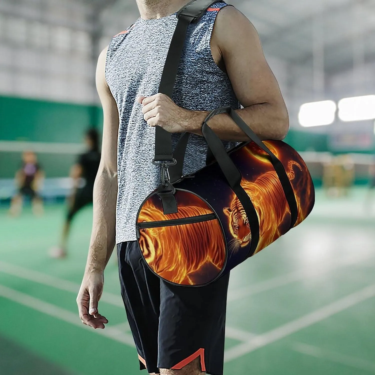 Travel Duffel Bag for Men Women, Foldable Lightweight Gym Yoga Bag with Wet Pocket Wild Angry Animal King Fire Flame Tiger Sport Handbag