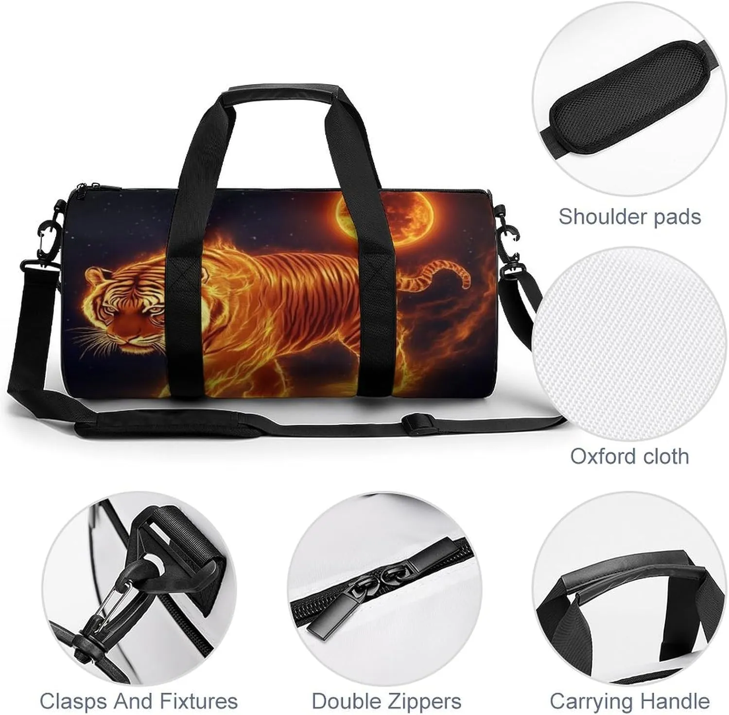 Travel Duffel Bag for Men Women, Foldable Lightweight Gym Yoga Bag with Wet Pocket Wild Angry Animal King Fire Flame Tiger Sport Handbag