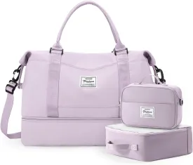 Travel Duffle Bag for Women,Weekender Overnight Bag with Shoe Compartment,Carry on Personal Item Travel Bag,3 Pcs Set,Purple