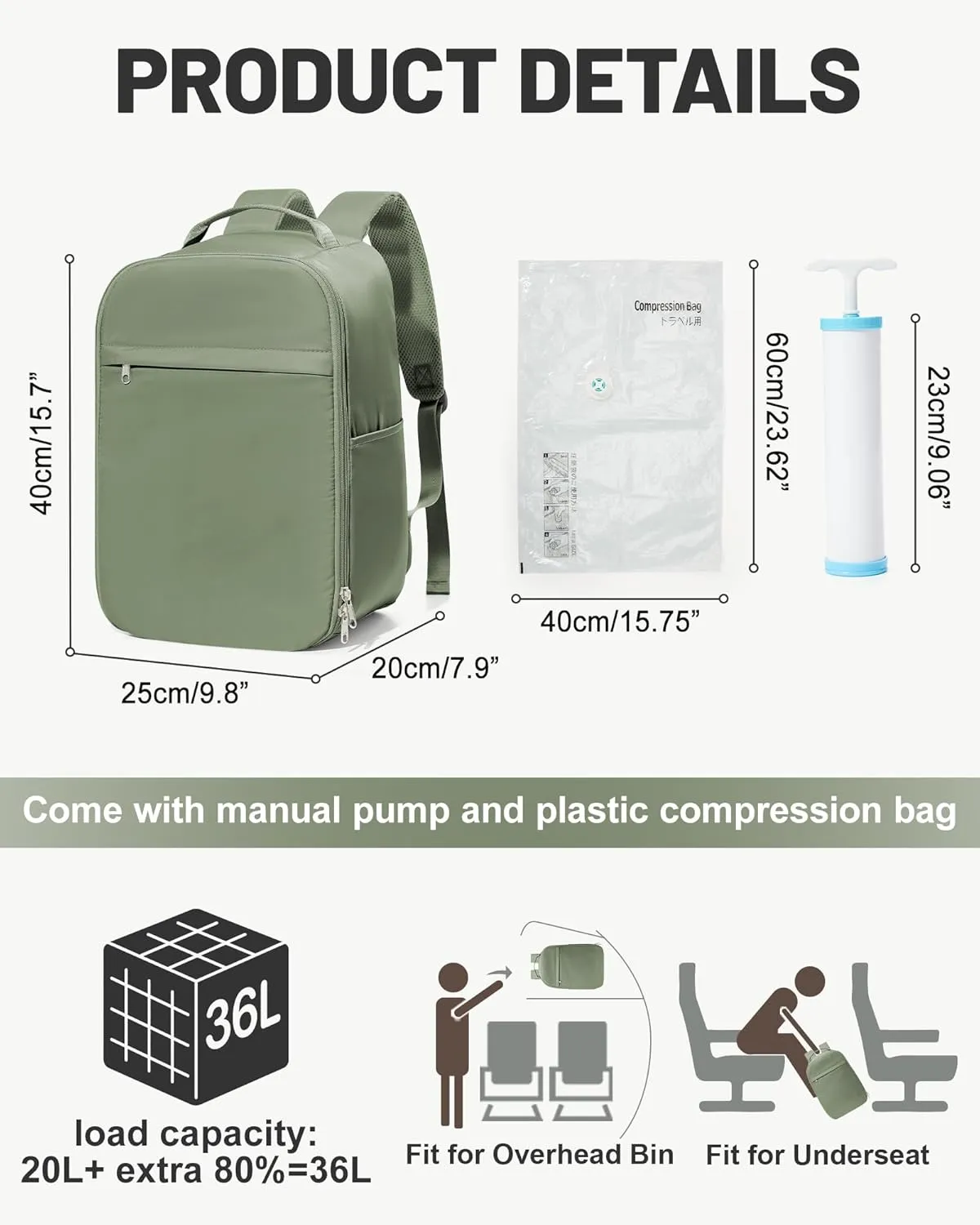 Vacuum Backpack Travel,Vacpack With Pump,Vacuum Compression Backpack,Airback Personal Item Carry on Backpacks Flight Approved,Hiking Business,20L,Grey Green