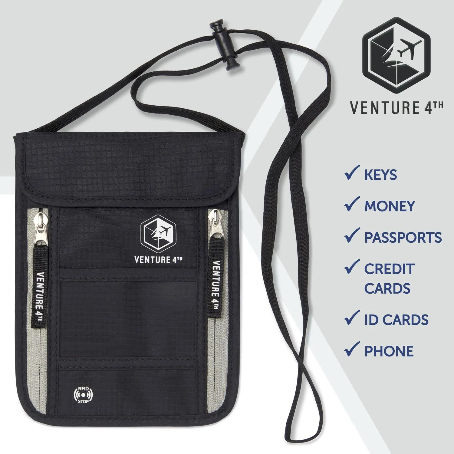 VENTURE 4TH Passport Holder Neck Wallet with RFID Blocking Nylon Lining - Hidden Neck Pouch for Travel (Black)