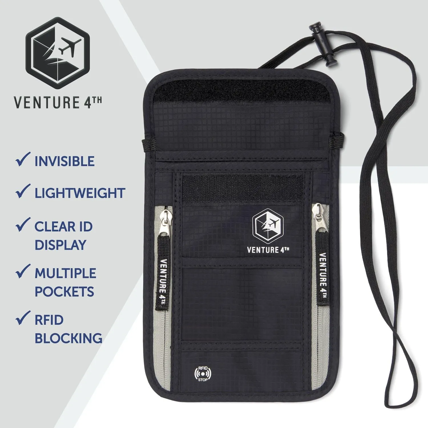 VENTURE 4TH Passport Holder Neck Wallet with RFID Blocking Nylon Lining - Hidden Neck Pouch for Travel (Black)