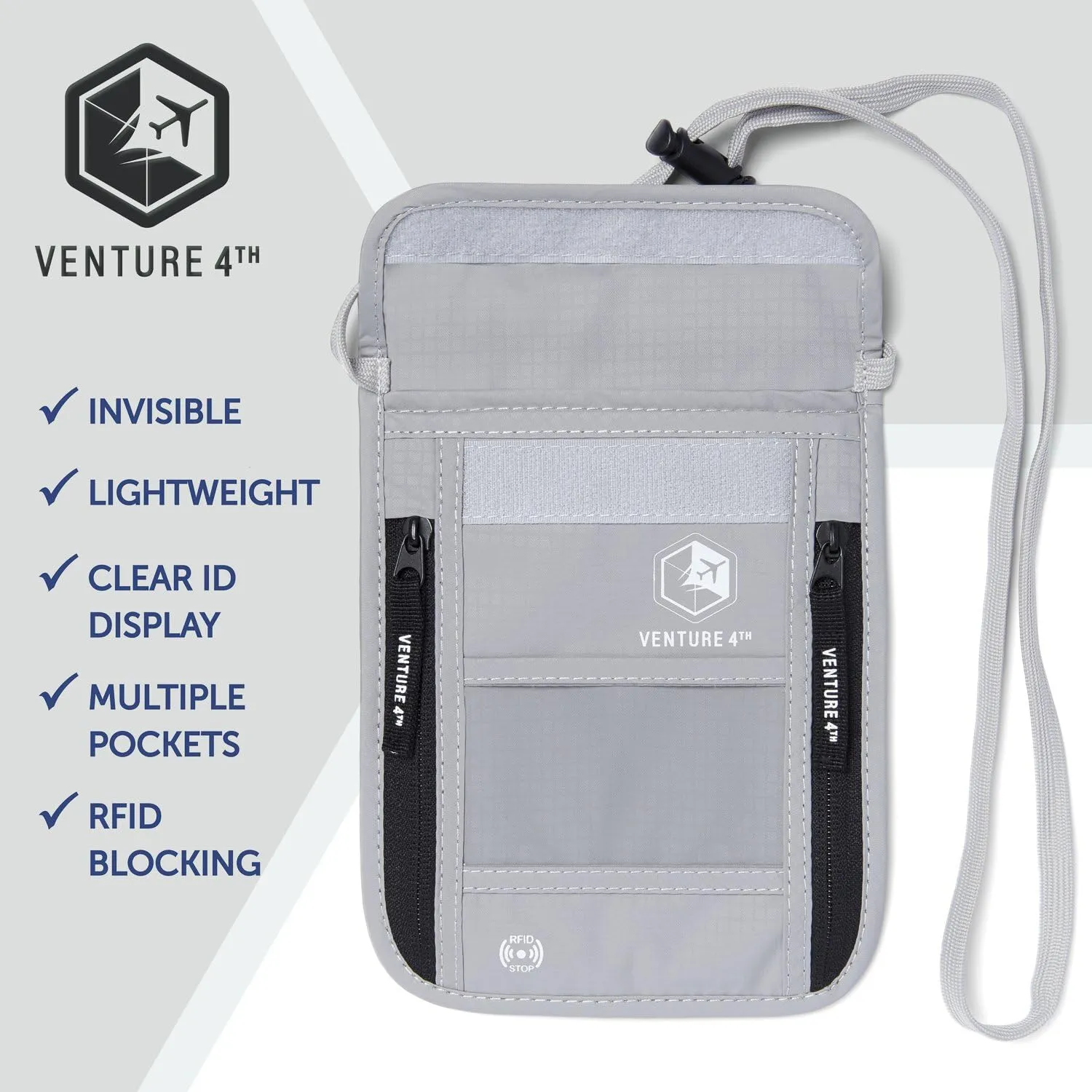 VENTURE 4TH Passport Holder Neck Wallet with RFID Blocking Nylon Lining - Hidden Neck Pouch for Travel (Silver)