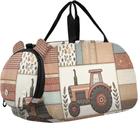 Vintage Checkered Farm Tractor Travel Duffle Bag for Kids Water Resistant Sport Gym Bags for Girls Boys Sleepover Weekender Overnight Tote