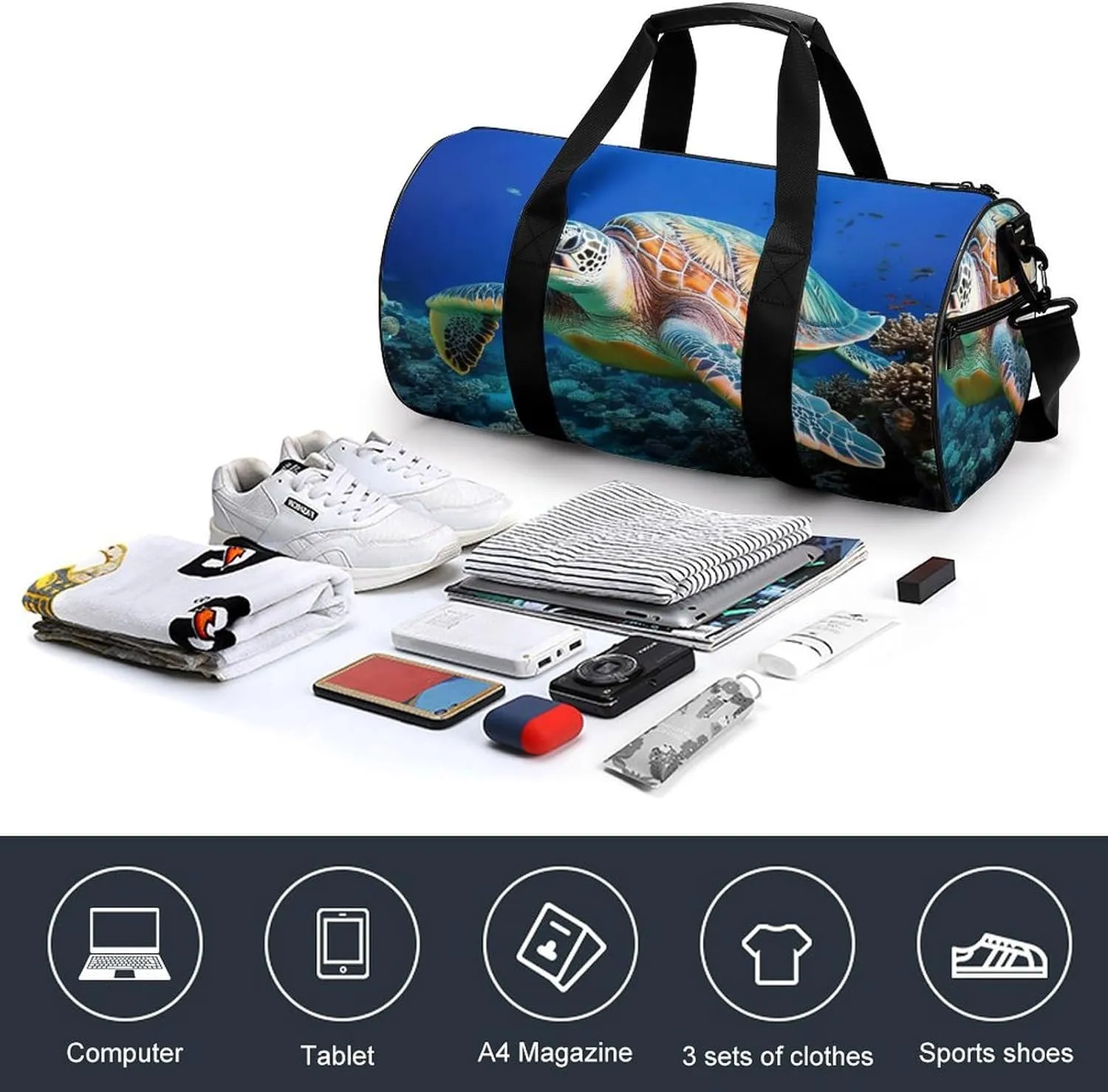 Womens Sports Gym Bag Ocean Giant Sea Turtles Overnight Duffel Bag with Pocket Portable Waterproof Travel Fitness Handbag