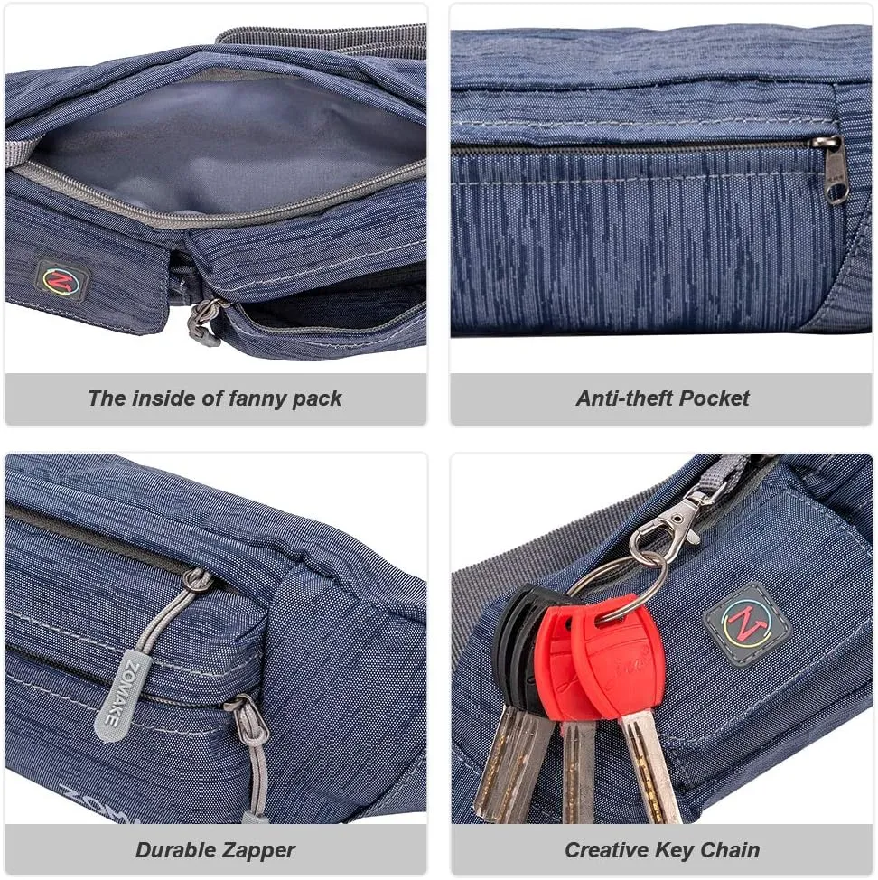 ZOMAKE Small Crossbody Fanny Pack for Women Men, Runner Belt Bag with Adjustable Strap, Water Resistant Waist Bag for Running