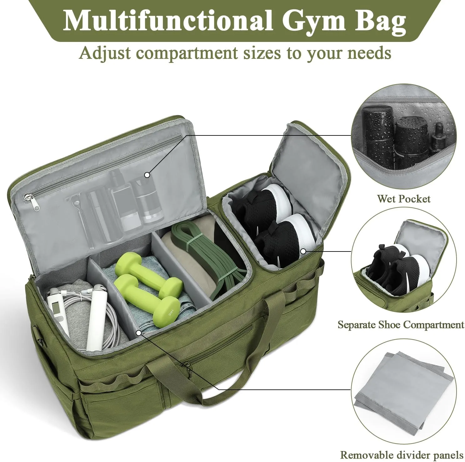ZOMFELT Gym Bag for Men Women, Tactical Travel Duffel bag with Removable Dividers & Shoe Compartment, Weekender Carry on Bag with Toiletry Bag, Overnight Range Bag for Workout Soccer Yoga Gym, Green